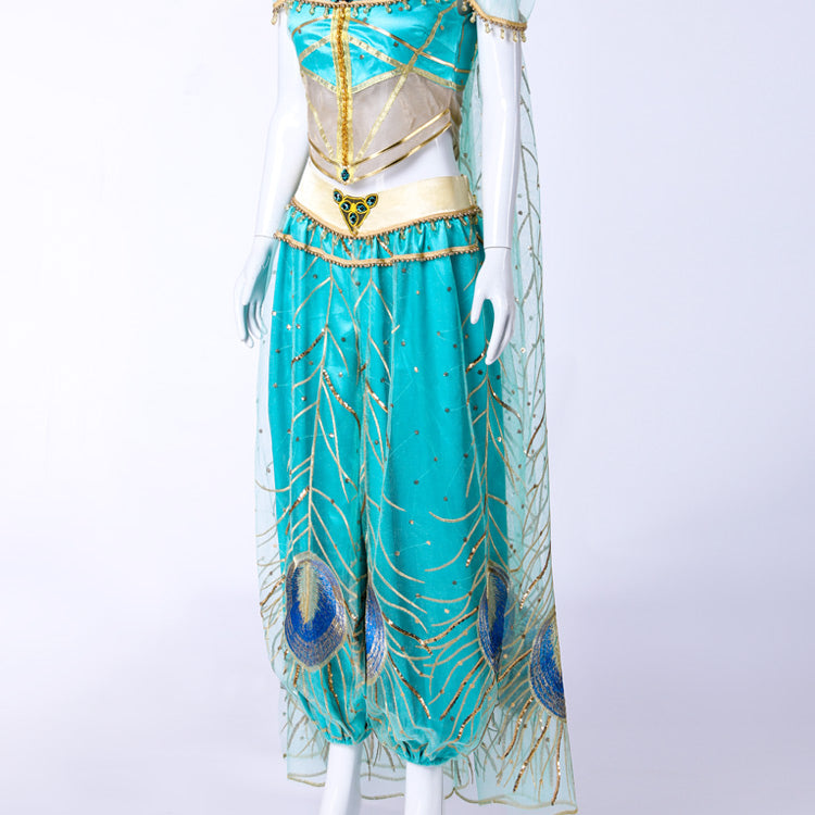 Princess Aladdin Jasmine Dress Green Cosplay Costume