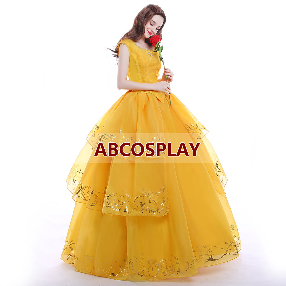 Beauty And The Beast Belle 2015 Princess Yellow Dress Luxury Cosplay Costume