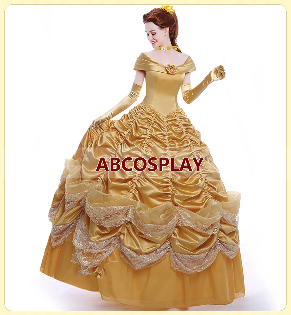 Beauty And The Beast Belle Gold Yellow Dress Cosplay Costumes