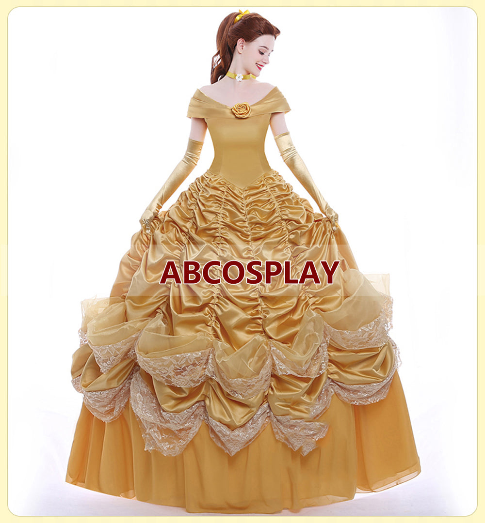 Beauty And The Beast Belle Gold Yellow Dress Cosplay Costumes