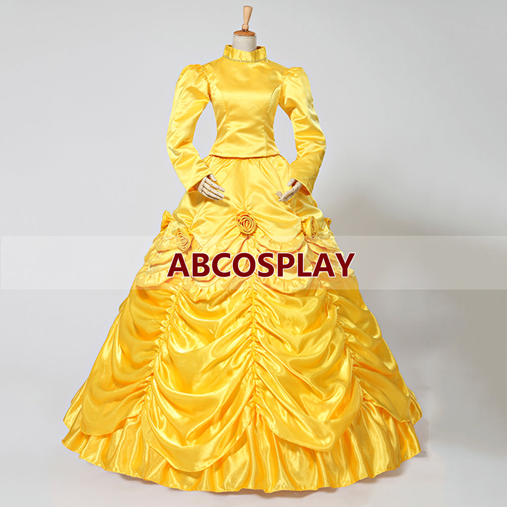 Princess Beauty And The Beast Belle Gold Yellow Dress Winter Cosplay Costume