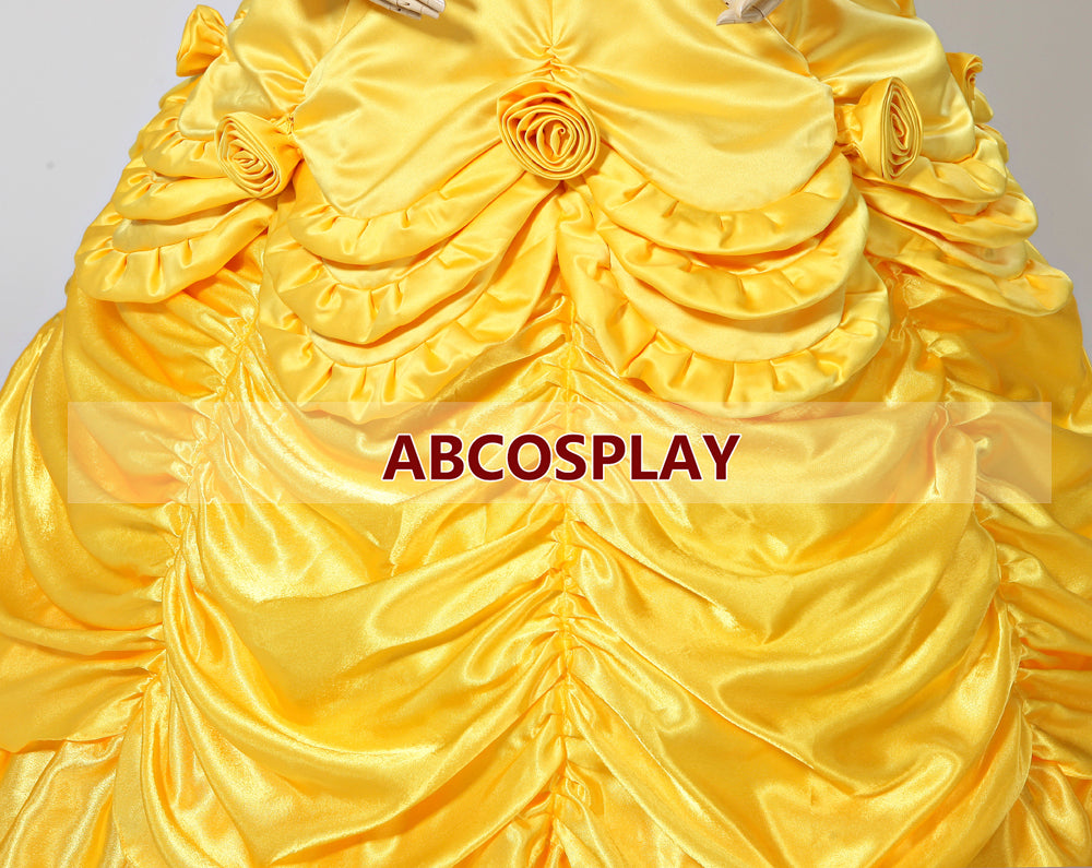 Princess Beauty And The Beast Belle Gold Yellow Dress Winter Cosplay Costume