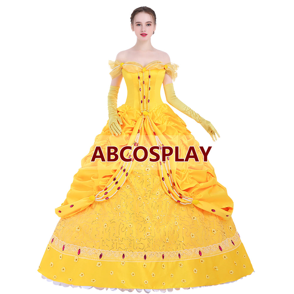 Beauty And The Beast Belle Princess Yellow Dress Luxury Cosplay Costume