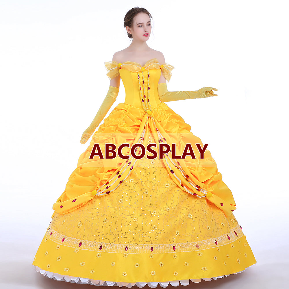 Beauty And The Beast Belle Princess Yellow Dress Luxury Cosplay Costume