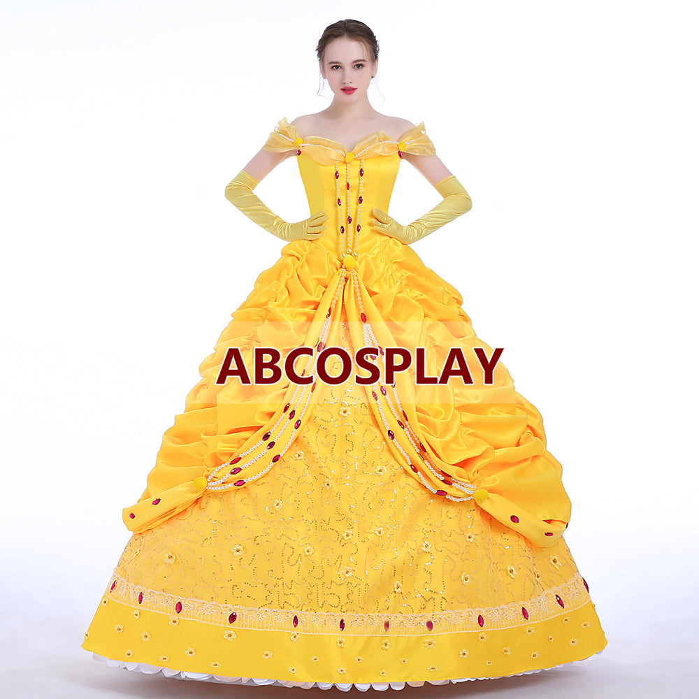 Beauty And The Beast Belle Princess Yellow Dress Luxury Cosplay Costume