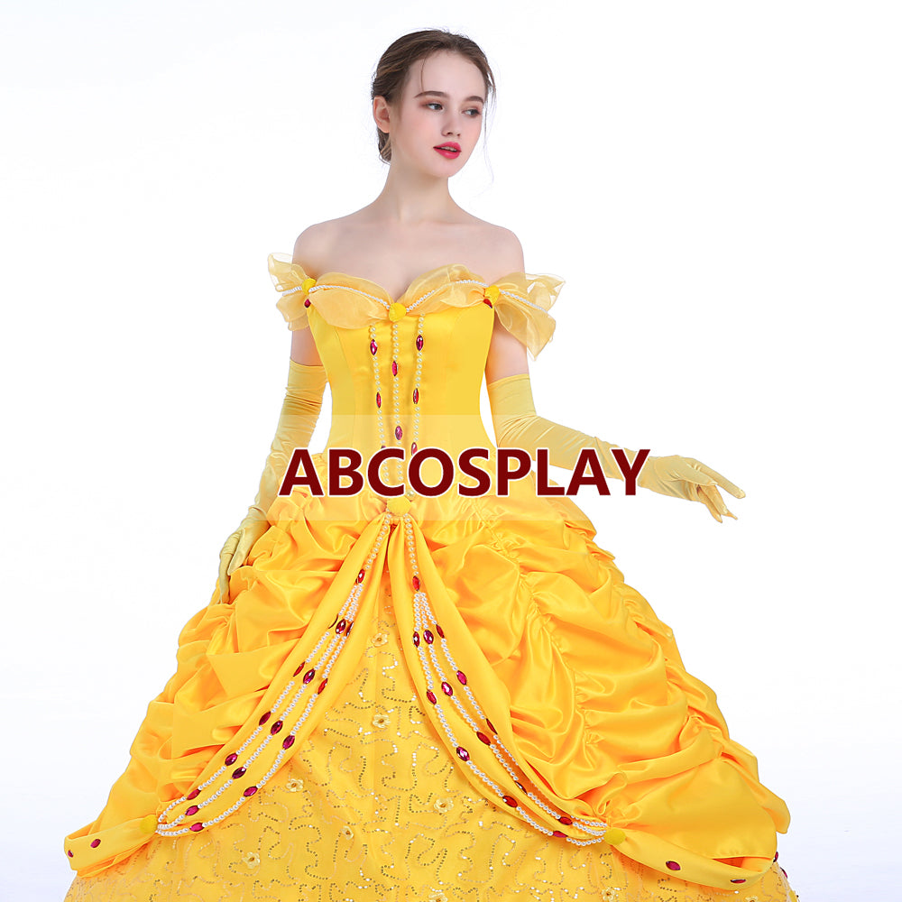 Beauty And The Beast Belle Princess Yellow Dress Luxury Cosplay Costume