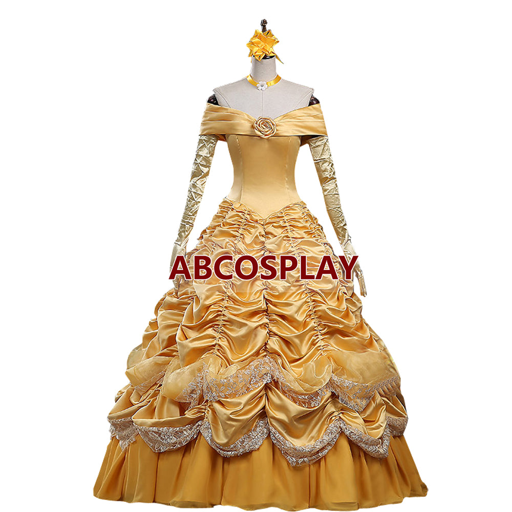 Beauty And The Beast Gold Yellow Princess Dress Cosplay Costumes