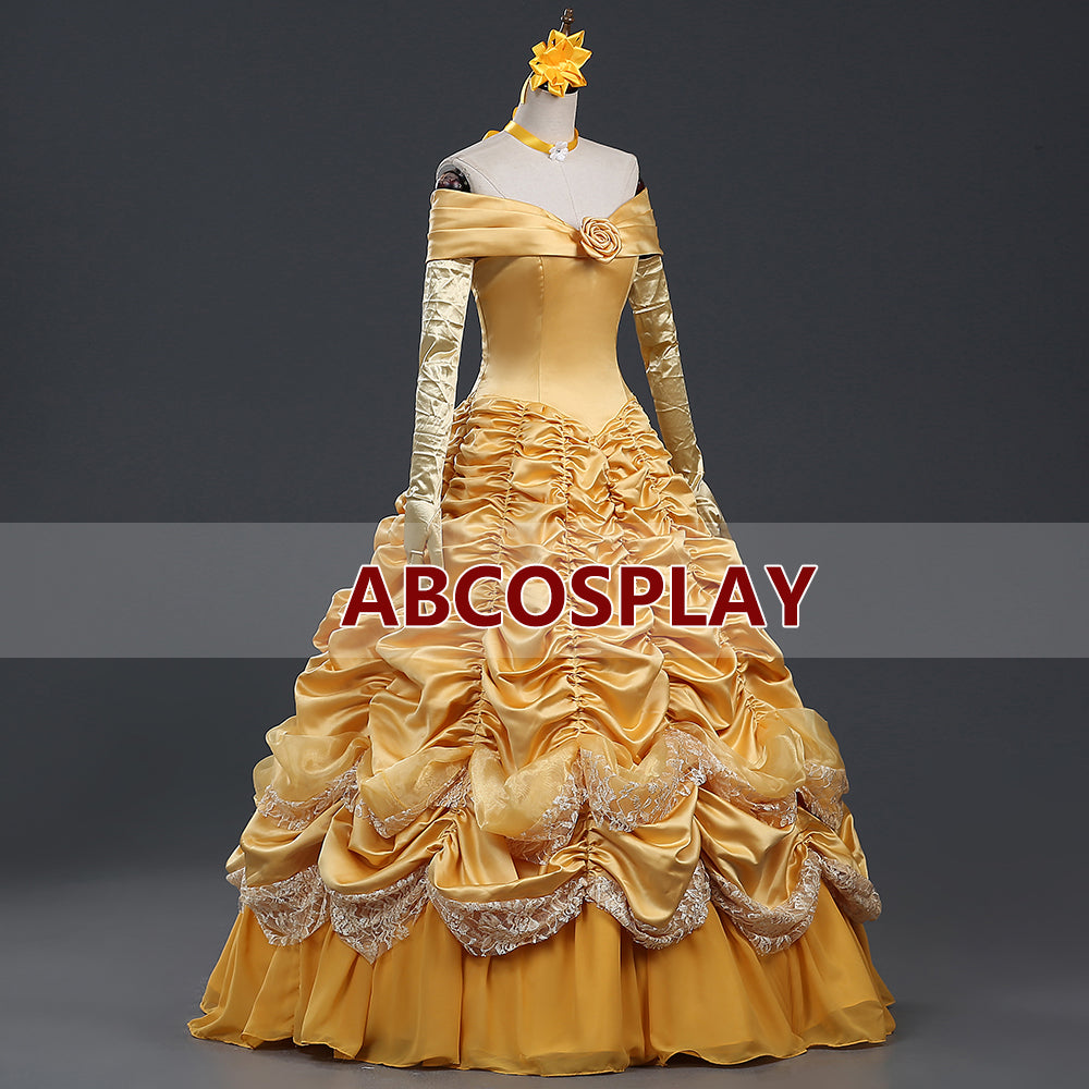 Beauty And The Beast Gold Yellow Princess Dress Cosplay Costumes