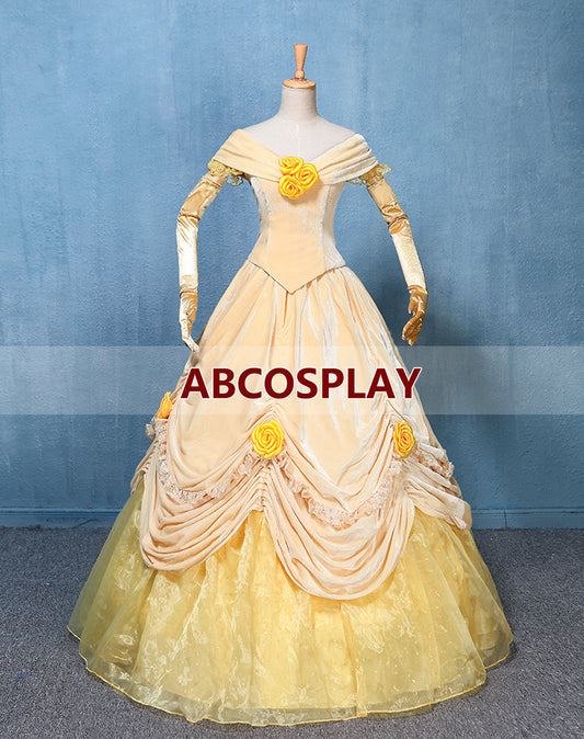 Beauty And The Beast Princess Dress With Gold Yellow Flowers Cosplay Costume