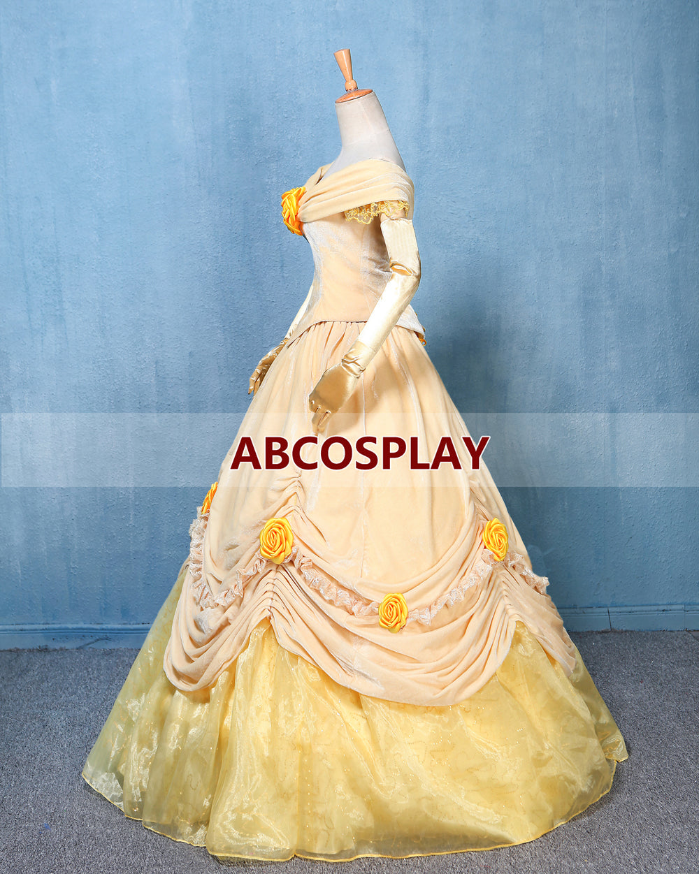 Beauty And The Beast Princess Dress With Gold Yellow Flowers Cosplay Costume