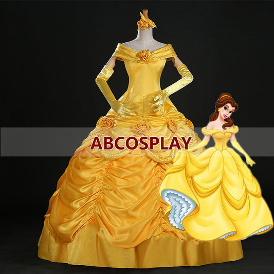 Luxury Beauty And The Beast Princess Yellow Dress Three Flowers Cosplay Costume