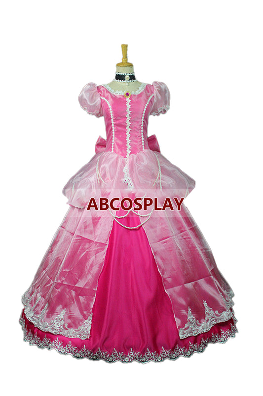 Cinderella Princess Cosplay Costume Pink Satin Lace Dress