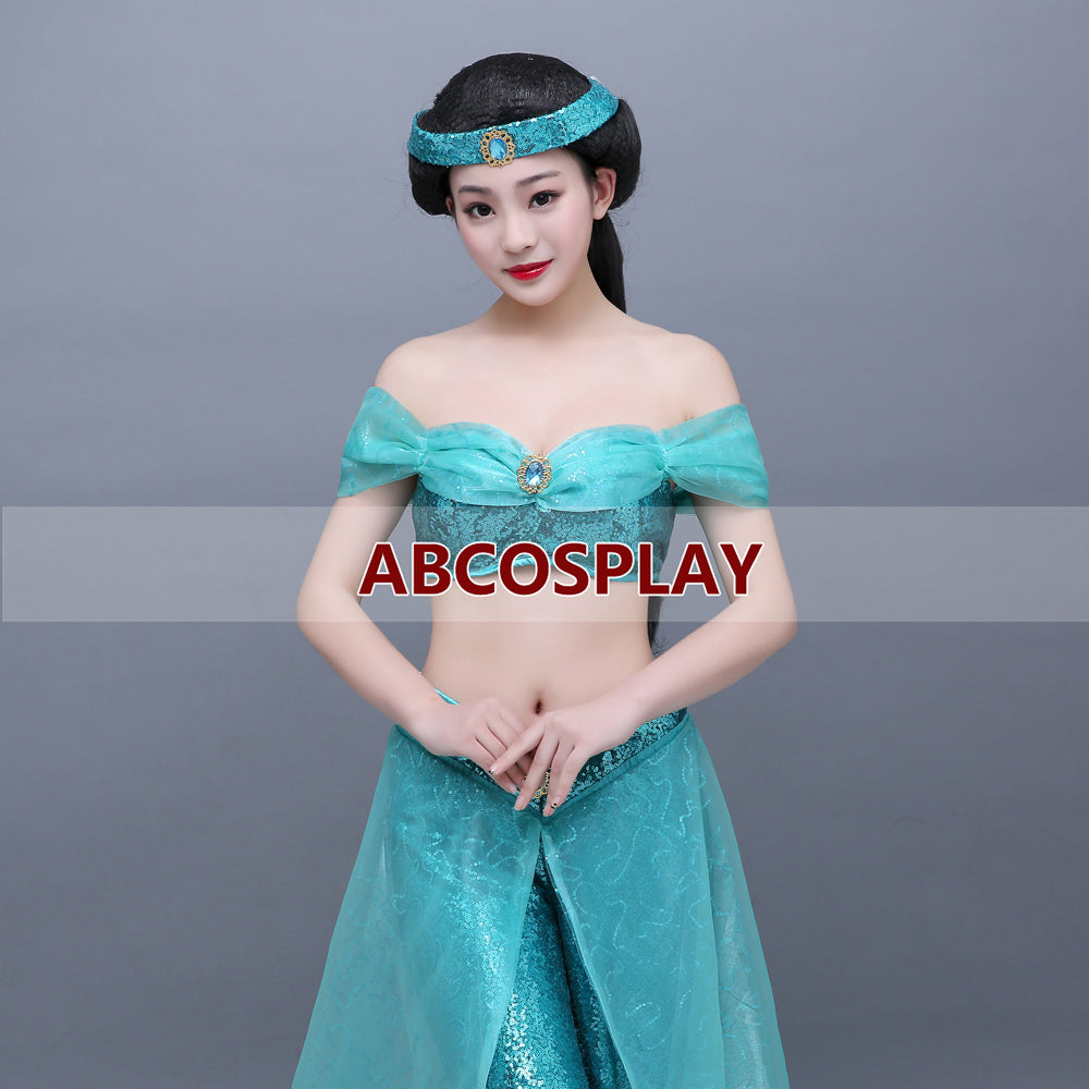 Aladdin Princess Jasmine Dress Aladdin Dress Lake Green Classic Cosplay Costumes